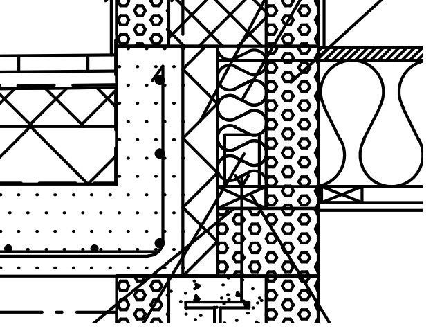 Detaljritning av tillbyggnad med en terass som möter takstolar och en markerad lejd som ska passa en 45x150 dimension.