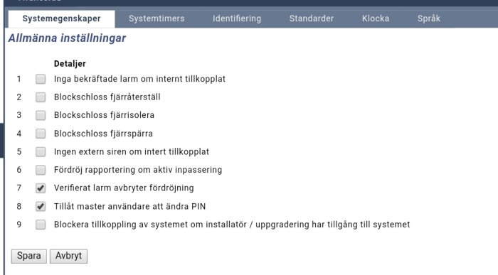 Skärmdump av säkerhetssystemets inställningsmeny med alternativ för larm och användarbehörigheter.