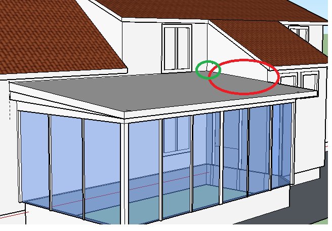 3D-modell av hus med uterum och tak, gröna och röda cirklar markerar diskussionspunkter på anslutning.