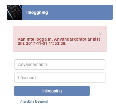 Inloggningsfönster med felmeddelande om att användarkontot är låst tills ett specificerat datum och tid.