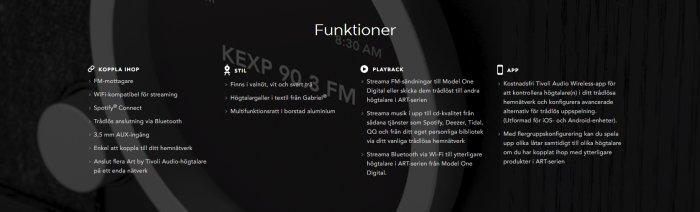 Produktinformationsbild som visar funktionerna för en Tivoli Audio-enhet, med egenskaper som FM-mottagning och Spotify Connect.