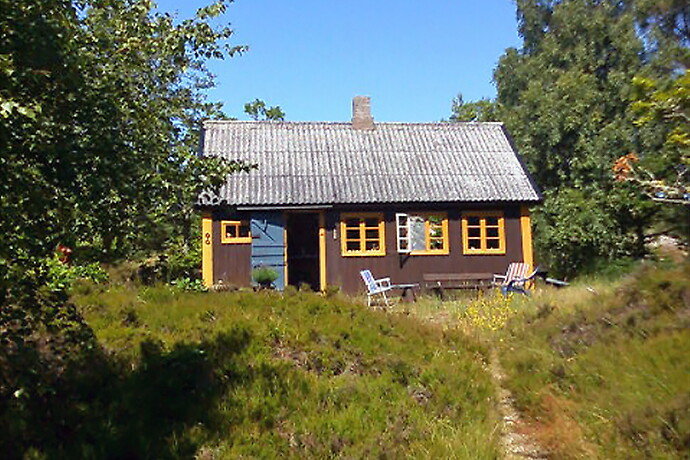 Ett litet gult hus med svart tak och träinredning i en solig skogsglänta.