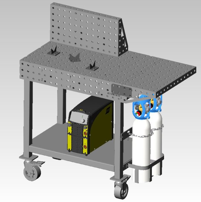 3D-rendering av ett designat svetsbord med hål för tvingar, svetsmaskin, och gasflaskor.