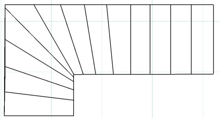 Diagram af trappekonstruktion med et hjørne, der viser trinlayout. Steghøjde 18,8 cm og stegdjup 20,4 cm i planen.