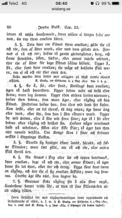 Skärmbild av lagtext från 1734 års jordabalk, Kapitel 12, med fokus på paragraf 4, visad på en mobilskärm.