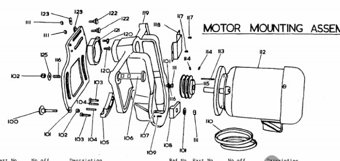 Exploded view diagram of a motor mounting assembly with labeled parts including a pivot pin.