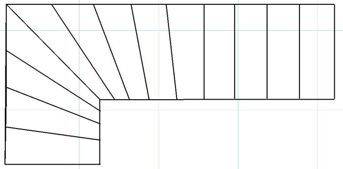L-formet trappedesign med enpersonsbredde, med vangstykkernes placering under trin for optimal konstruktion.