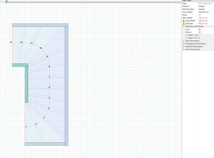Trappedesign i StairDesigner med 13 trin, en klack på 200mm, bredde på 690mm og længde på 1951mm. Steghøjde 18,8 cm og stegdjup 16,6 cm.