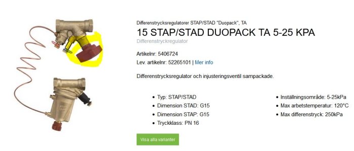 En sektion av ett värme-system med en injusteringsventil och en spiralfjäder för bergvärmesystem.