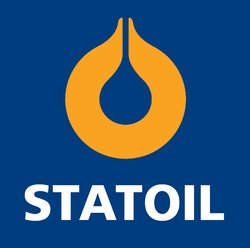 Statoil-logotyp med en droppe ovanför namnet mot en blå bakgrund.