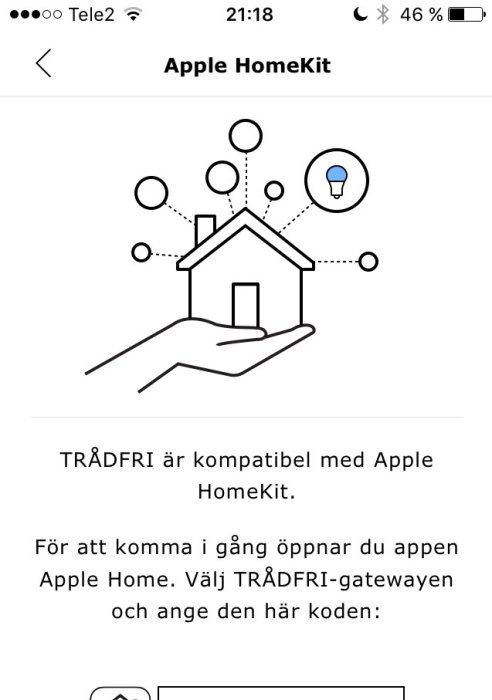 Illustration av en hand som håller ett stiliserat hus omgivet av symbolska cirkeldiagram, med texten "Apple HomeKit".