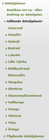 Skärmdump av en kommunhemsida med en lista över orter under kategorierna "Gällande detaljplaner" och "Pågående detaljplaner".
