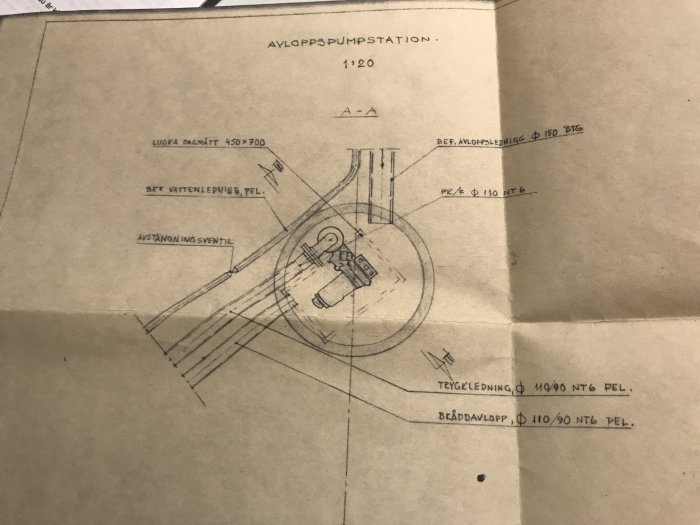 Handledning av gammal avloppspumpstation med mått och ledningar ritade på brunaktigt papper.