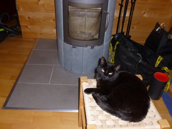 Svart katt med vita tecken på bröstet ligger på en pall framför en grå kamin.