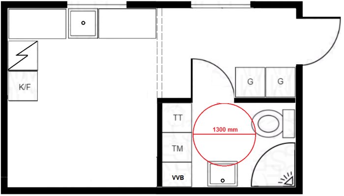 Planritning av en bostad med markering av loftplacering och måttet 1300 mm angivet.