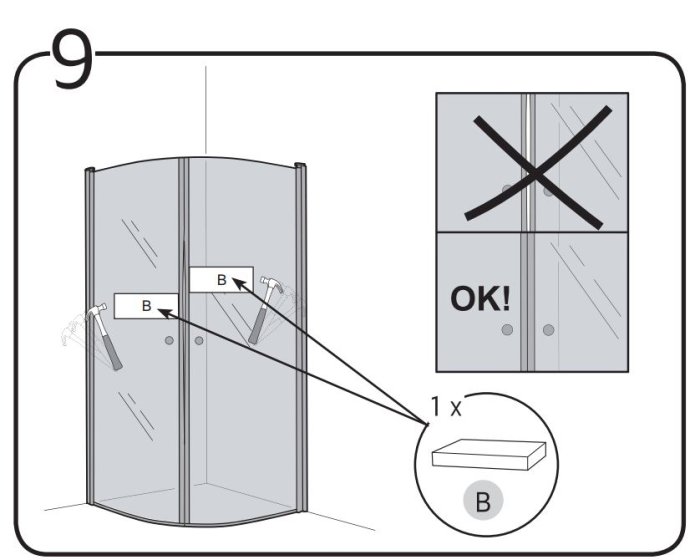 Illustration av montering av Hafa Igloo duschhörna magnetlist, med rätt och fel positionering.