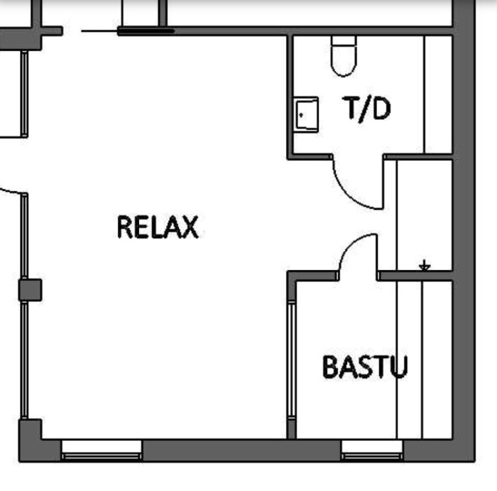 Skiss av en relaxavdelning med angivna innermått, bastu, toalett/dusch och markerade dörrar samt fönsterplacement.