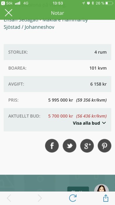 Skärmdump från mobil av en bostadsannons med information om storlek, kvadratmeterpris och bud.