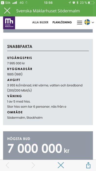Skärmavbild från mobil med sida som visar fastighetsinfo: utgångspris och högsta bud i Stockholm.