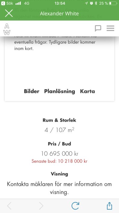 Skärmavbild av fastighetsannonsering med detaljer om rum, storlek, pris och kontakt för visning.