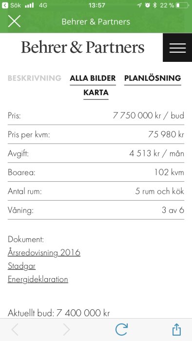 Skärmavbild av en bostadsannons från Behrer & Partners med information om pris och detaljer för en lägenhet.