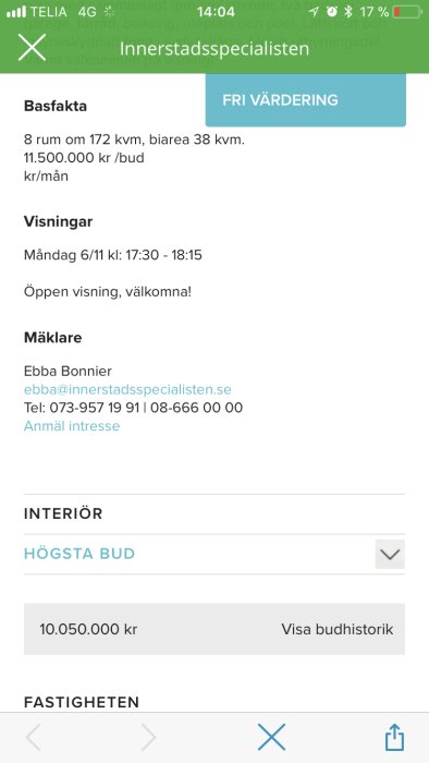 Skärmdump av fastighetsinformation med visningstider och mäklarkontakt från en bostadsapp.