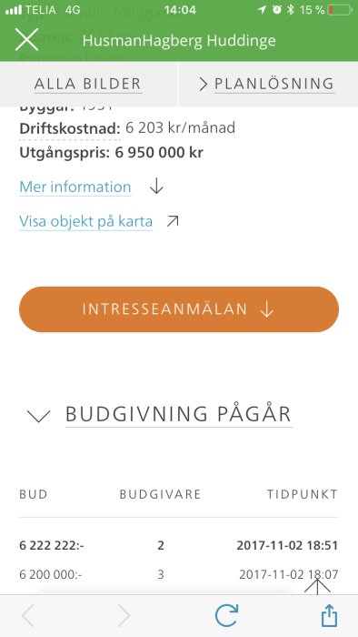 Skärmdump av mobilwebbsida med budgivning för hus, visar bud och tider.