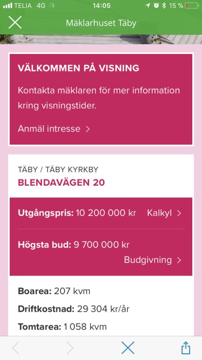 Skärmbild från mobil visar försäljningsinformation för fastighet på Blendavägen 20 med prisuppgifter.