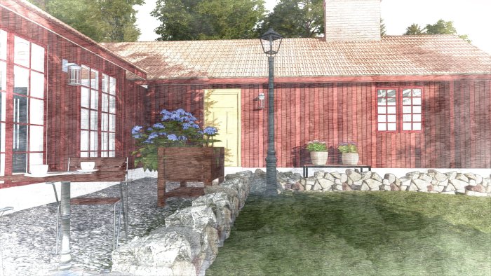 Rendering av ett traditionellt rött hus med vit knut, förslag på renoverad exteriör med uteplats.