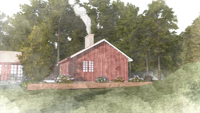 Rendering av traditionellt rött hus med murad skorsten och blommande buskar framför, omgivet av skog.