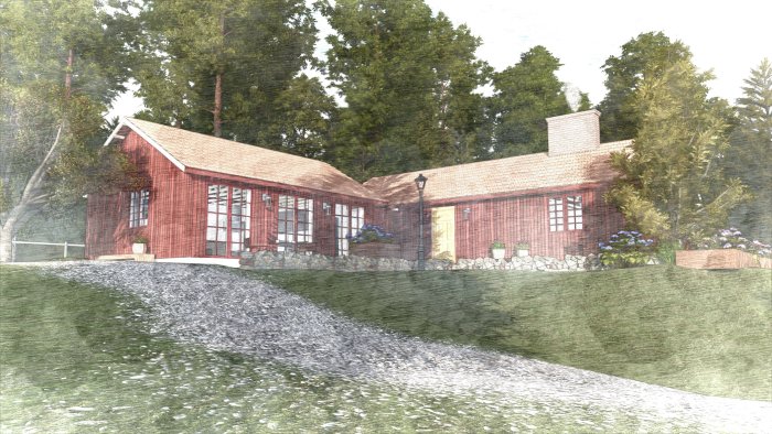 Rendering av ett rött hus med murad skorsten, omgivet av träd och med stora fönster.