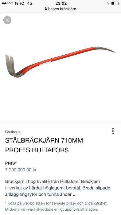 Hultafors stålbräckjärn, 710mm, röd och grå, mot vit bakgrund med text från en webbutik.