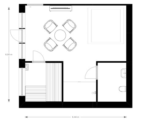 Ritning av badrum med plan för spabad, bastu och dusch, inklusive möblering och måttangivelser.