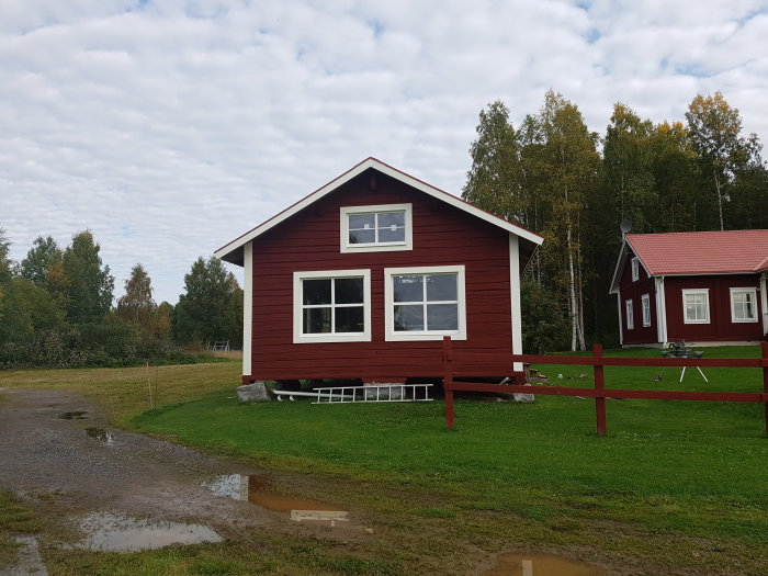 Röd timmerstuga med vita fönsterkarmar och gräsmark omkring, potentiell bastu och relaxbyggnad.