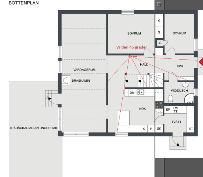 Planritning av ett hus med markerad position för rökdetektor och synfält 45 grader mot ett fönster.