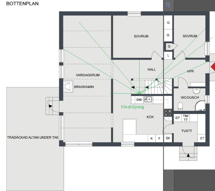 Planritning av bottenvåningen med potentiella placeringar för rökdetektor markerade med gröna linjer.