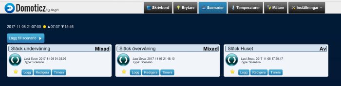 Skärmdump av användargränssnitt i Domoticz där tre scenarier visas; "Släck undervåning", "Släck övervåning", och "Släck Huset".
