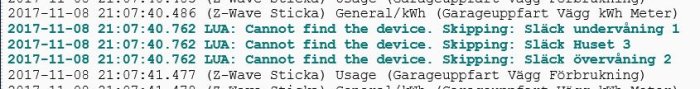 Loggutdrag med felmeddelanden "Cannot find the device" relaterade till Z-Wave Stick och LUA-skript för hemautomation.