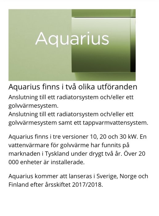 Informativ grafik om Aquarius golvvärmesystem med olika versioner och enheternas spridning i Tyskland.