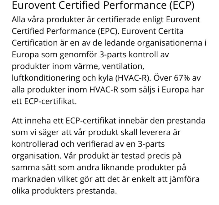 Skärmdump av text om Eurovent Certified Performance och tredjepartskontroller på HVAC-R produkters prestanda.