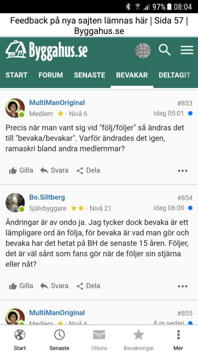 Skärmbild av en diskussionstråd på byggforum där medlemmar diskuterar ordval och sajtfunktioner.