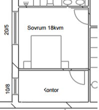 Planritning av sovrum och kontor med storleksangivelser, utan fönsterindikationer för naturligt ljus.