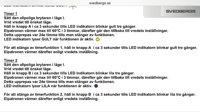 Instruktionsmanual för Svedbergs elpatron ”Erica” som beskriver timer 1 och 2 med gula och lila LED-indikatorer.