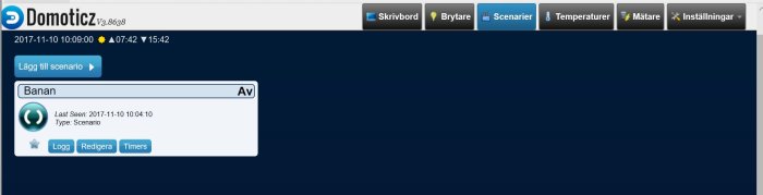 Skärmdump av scenariot "Banan" i Domoticz med knappar för Logg, Redigera och Timers.