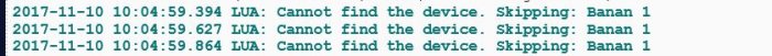 Skärmdump av loggmeddelanden med feltexten "Cannot find the device. Skipping: Banan 1".