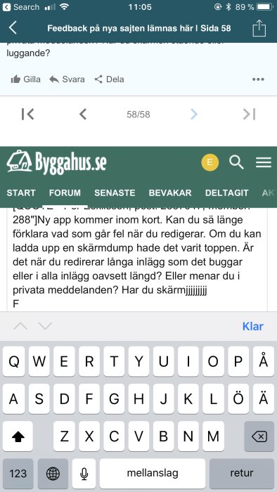 Skärmdump av ett diskussionsforum där användaren upplever problem med redigering av inlägg.