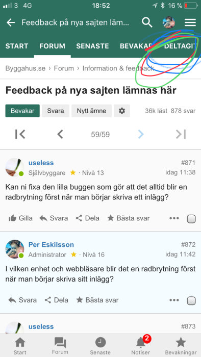 Skärmdump av ett diskussionsforum där en navigationsflik 'Deltagit' är markerad i övre högra hörnet.