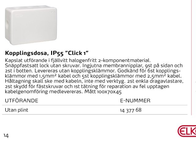 Informationsblad om en IP55 klassad kopplingsdosa "Click" utan plint, med tekniska specifikationer och e-nummer.