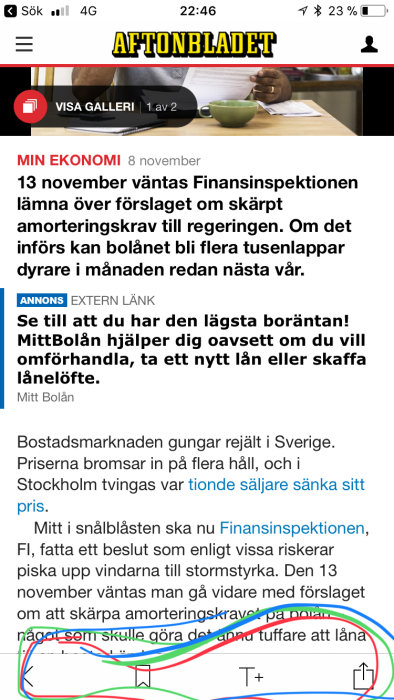 Skärmdump av en artikel på Aftonbladets mobila webbplats med navigations- och funktionknappar.