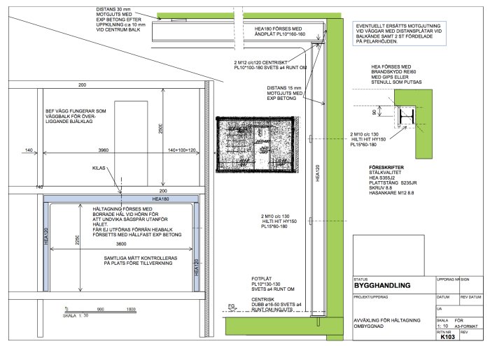 Konstruktionsritning för rivning och avväxling av bärande betongvägg med dimensioner och förstärkningsdetaljer.